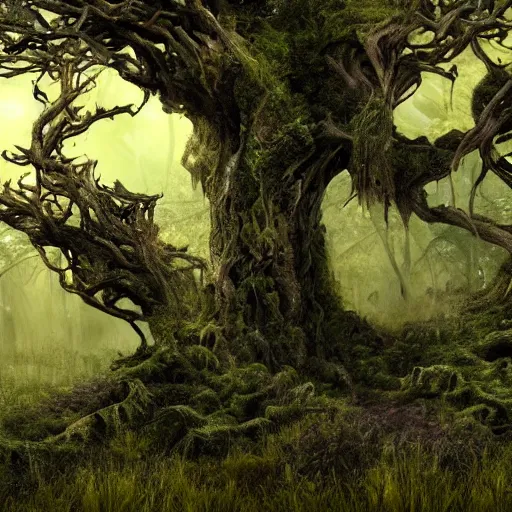 Image similar to horrific, spectacular tree in a thickly vegetated forest, fantasy, dreamlike sunraise, ultra realistic