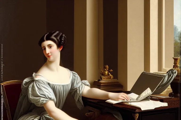 Image similar to 1 8 0 1 lady on her laptop at her desk by vittorio reggianini, georgian dress, directoire style, regency, empire silhouette, bright lighting, perfectly detailed eyes, beautiful hands, pale skin, clear face