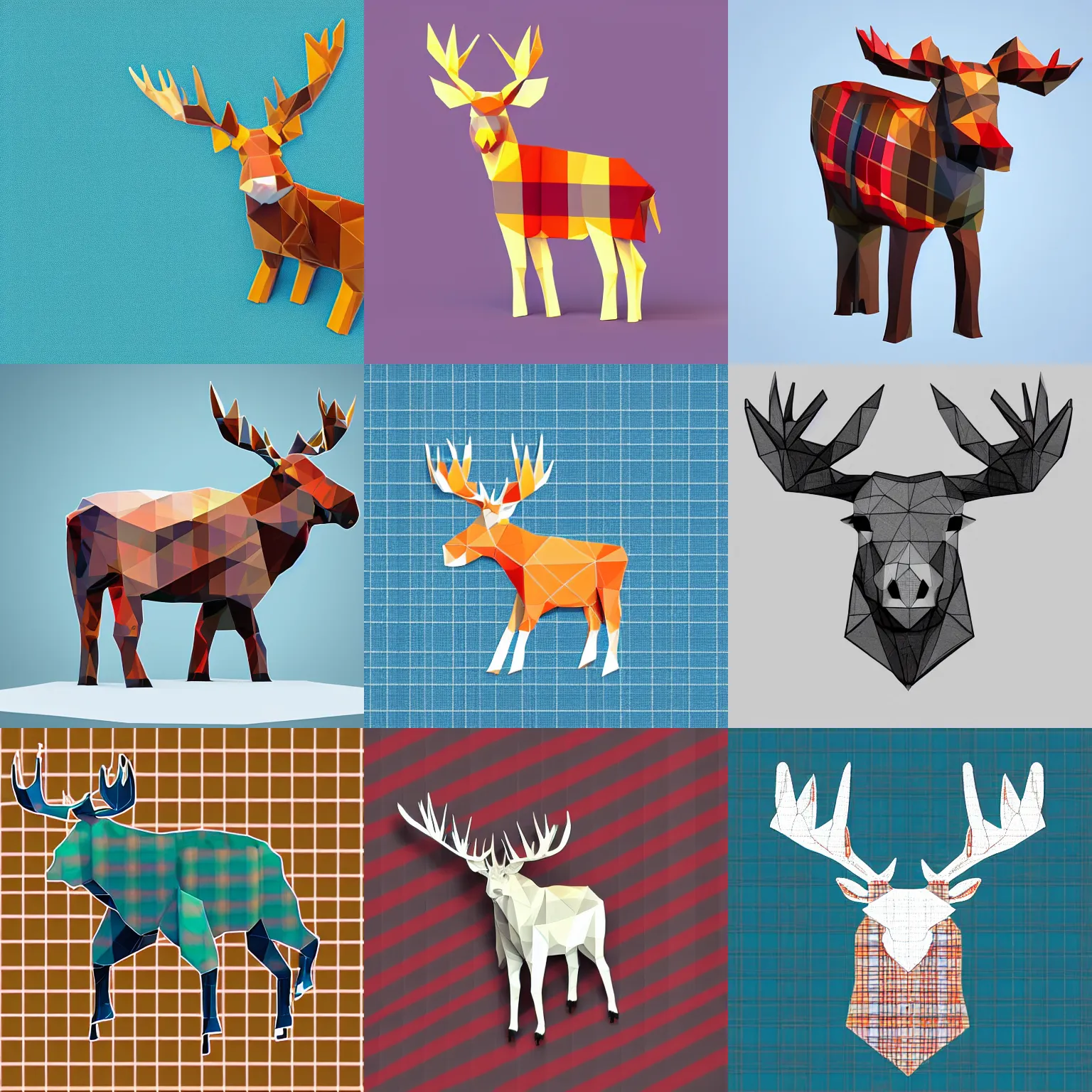 Prompt: low poly isometric moose, the moose is wearing a plaid jacket, white background, sharp focus