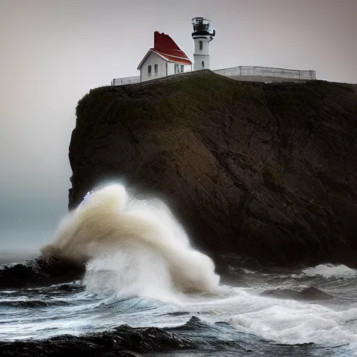 Prompt: Stormy sea waves crashing on a lighthouse in the early morning with a boat in the background, dramatic, in the style of Michal Karcz