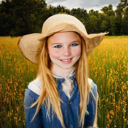 Image similar to young blonde pioneer girl in a meadow, portrait, anime