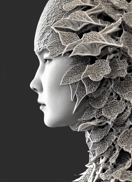 Image similar to bw close - up profile face, black background, beautiful porcelain vegetal dragon cyborg young female, 1 5 0 mm, beautiful natural soft rim light, silver gold details, magnolia leaves and stems, roots, fine lace, mandelbot fractal, elegant, ultra detailed, white metallic armour, octane render, h. r. giger style