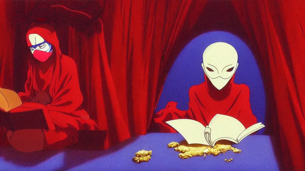 Prompt: a fortune teller wearing a mask sits in a red velvet room reading a fortune, anime film still from Studio Ghibli movie with art direction by Zdzisław Beksiński, wide lens