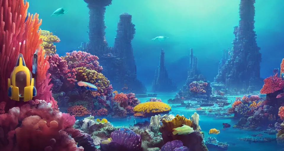 Prompt: a beautiful cinematic view of an underwater enchanting multicolored coral shrine surrounded by an exotic tropical reef, underneath a star filled night sky, warm coloured, gigantic pillars and flowers, maschinen krieger, beeple, film, atmospheric perspective, abzu, oil on canvas