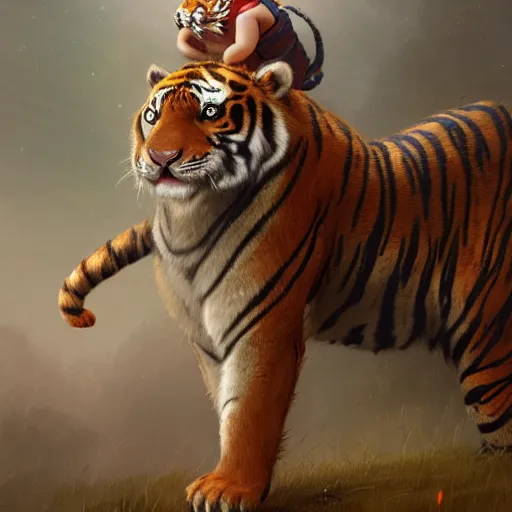 Image similar to a award winnimg commission portrait of a anthro tiger carrying a small cute bunny,digital art,art by greg rutkowski,character design by charles bowater,professional character design,ross tran,artstation,deviantart,photorealistic,detailed face,hyperdetailed,4k