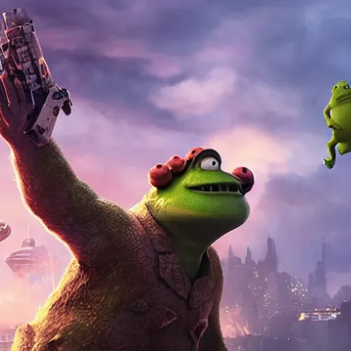 Image similar to mr. bean godzilla super mario pickle rick yoda donkey kong pikachu yeti shrek spongebob homer groot in gears of war, splash art, movie still, detailed face, photorealistic facial features, cinematic lighting, dramatic, octane render, long lens, shallow depth of field, bokeh, anamorphic lens flare, 8 k, hyper detailed, 3 5 mm film grain