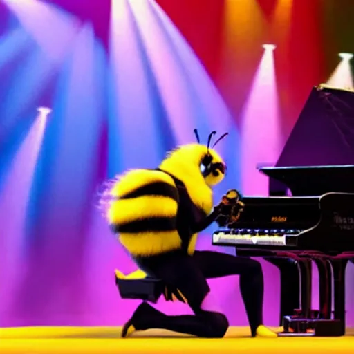 Prompt: bumblebee singing on stage with a keyboard in a pixar movie