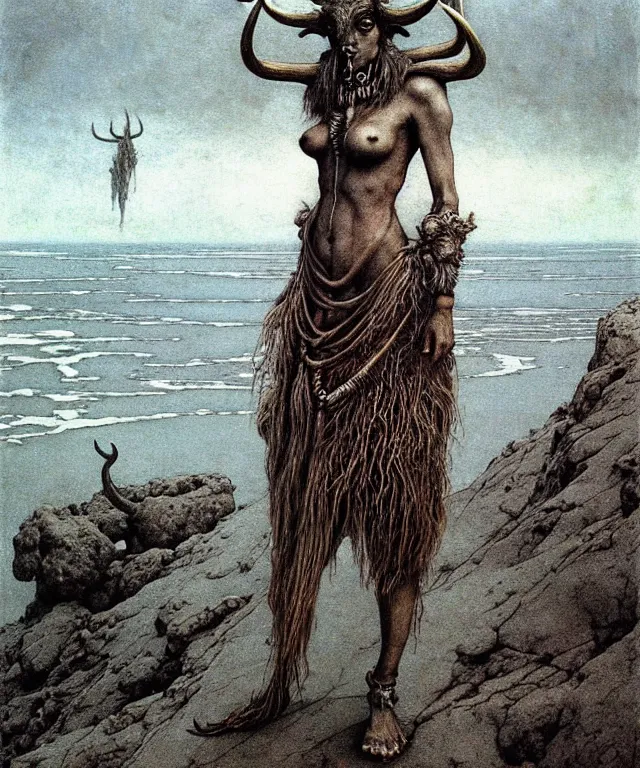 Prompt: A detailed horned antelopewoman stands by the sea. Wearing a ripped mantle, robe, many rings. Hooves, extremely high details, realistic, fantasy art, solo, masterpiece, art by Zdzisław Beksiński, Arthur Rackham, Dariusz Zawadzki