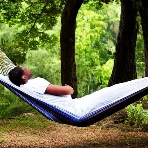 Prompt: award winning photograph of business man resting in a hammock, heavenly, peaceful, tranquil