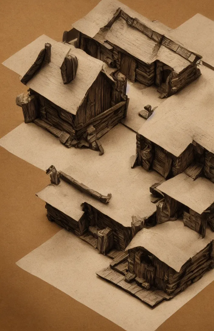 Image similar to isometric view, architectural model, studio lighting, low contrast, wood and paper, house, three trolls, two elves, one horse
