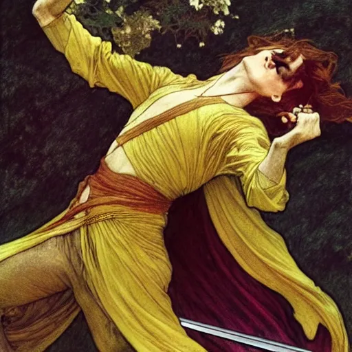 Prompt: a golden swordsman leans back as he dances elegantly in the wind, his robes and long hair flowing in the breeze, his enemies lying on the ground below, fantasy, Mucha, MTG, Game of Thrones, salsa dancing, Rossetti, Millais