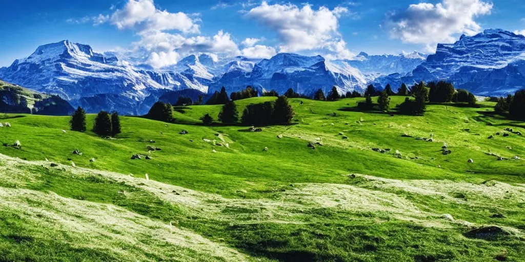 Prompt: beautiful landscape switzerland green pastures blue sky sunny snowy mountains realistic hd