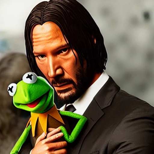 Prompt: Kermit the Frog as John Wick in a still from the film John Wick (2014)