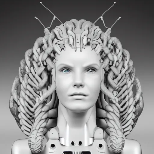 Image similar to portrait photo of a robotic gorgon medusa with borg implants, highly detailed, unreal 5 nanite, path tracing illumination, cinematic quality, 8k