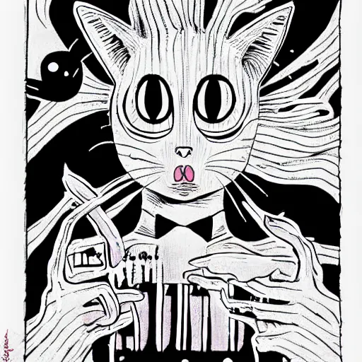 Prompt: a cat taking over the world, in the style of junji ito