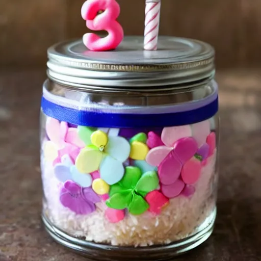 Prompt: a jar with a birthday cake in it.