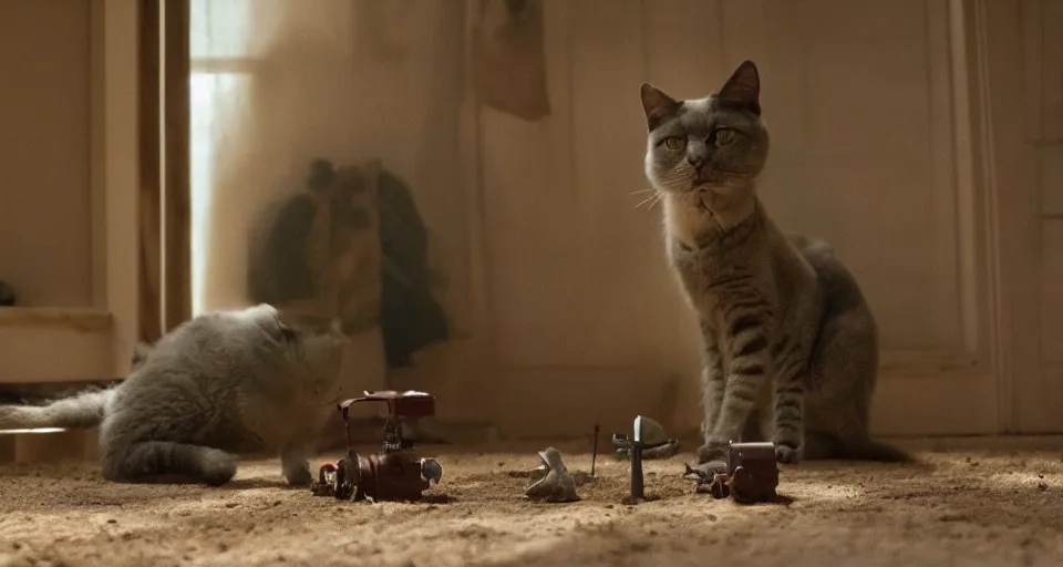 Prompt: film still of a movie about a robot cat that terrorizes a farm house directed by Denis Villeneuve