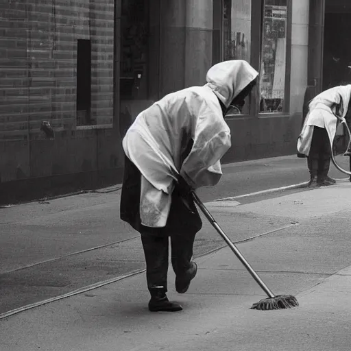 Image similar to closeup portrait of a cleaners mopping up the tears of crying people in a new york street, natural light, photography, world press photo