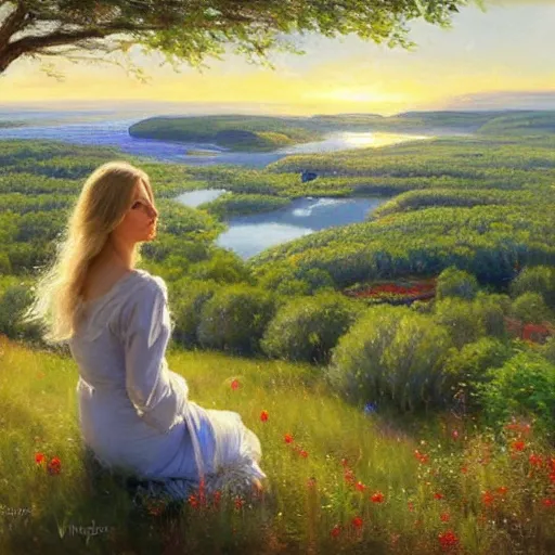 Prompt: blonde woman watching over the swedish countryside, archipelago, night, masterpiece, highly detailed, beautiful, atmospheric, impressionism, painting by Vladimir Volegov