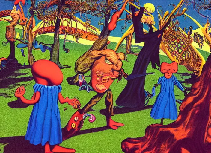 Prompt: dramatic color photo of dadcore occult wizards on vacation at pedroland park by basil wolverton by robert crumb by william eggleston by annie leibovitz, detailed and creepy, fujifilm velvia 5 0, color photography, sigma 2 8 mm