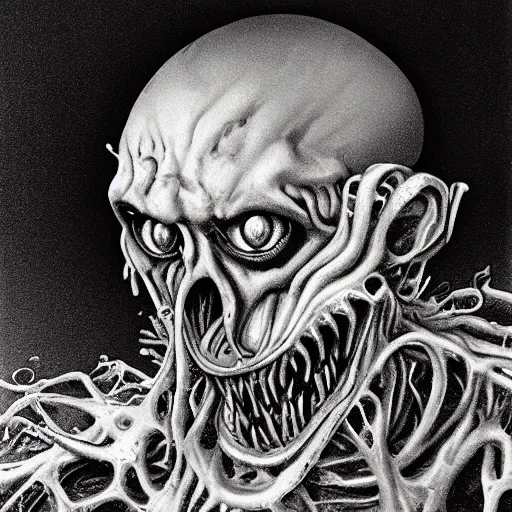 Image similar to a portrait of a creature from the beyond, body horror, by gerard brom and ansel adams