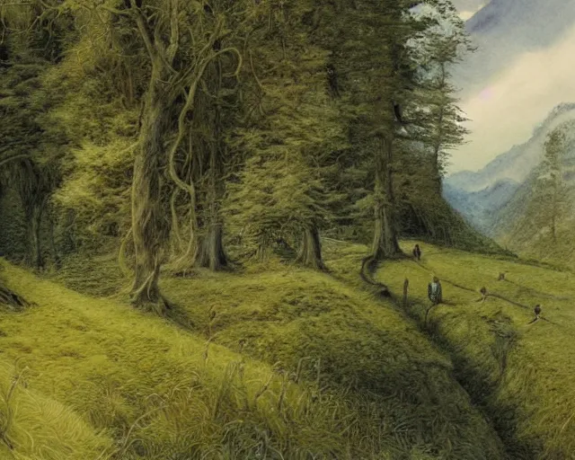 Image similar to a valley with tall trees and two hobbits walking through the forest, by Tolkien and Alan Lee