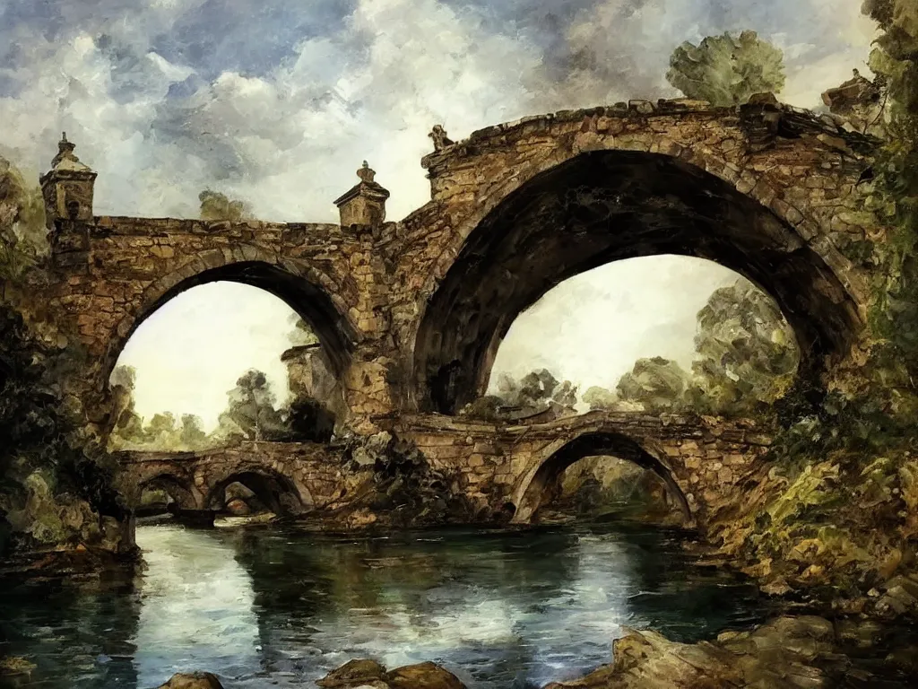 Image similar to modern stylized oil painting of medieval stone bridge, very very very beautiful, funny structure, romanticism by goya, bright art, cinematic dramatic lighting, plants and water