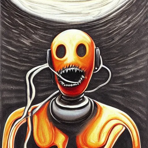 Image similar to realistic robot in The Scream painting inspired by Spaghettification, Mazarineee, artstation