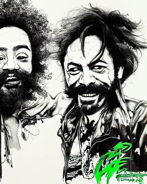 Image similar to portrait of cheech and chong, concept art, sumi - e style, intricate linework, green smoke, artstation, trending, highly detailed, smooth, focus, art by yoji shinkawa,