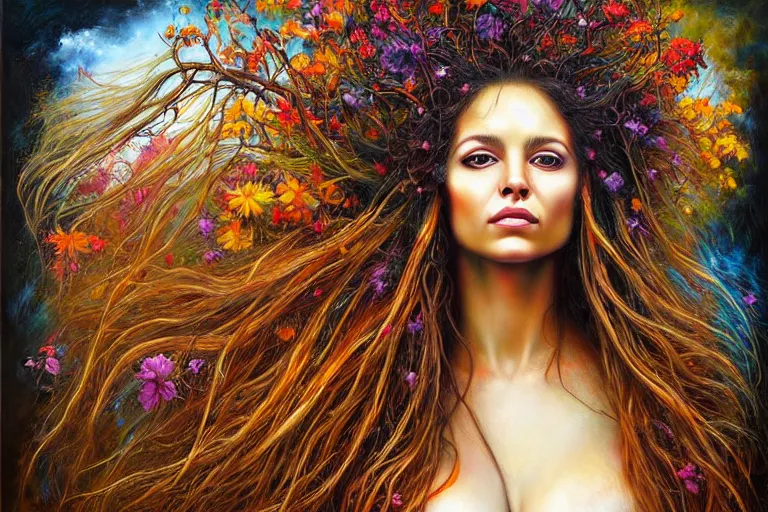 Prompt: portrait of a beautiful hippie woman, long flowing hair, nature elements, painting, by dimitra milan, by tim okamura, by phil koch.