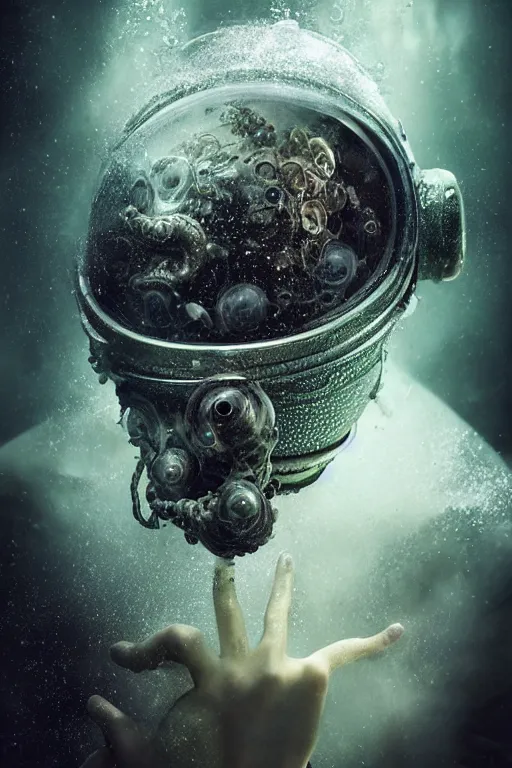 Image similar to extremely detailed studio portrait of space astronaut, alien tentacle protruding from eyes and mouth, slimy tentacle breaking through helmet visor, shattered visor, full body, soft light, disturbing, shocking realization, award winning photo by michal karcz and yoshitaka amano