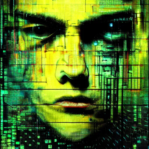 Prompt: hyperrealistic portrait of a cyberpunk teenager, male, confident, cybernetics, immersed within a glitch network, by Guy Denning, Metzinger, Russ Mills, glitch art, hyper focus, fine detail, hacking effects, digital tech effects, chromatic, color blocking!, green, acrylic on canvas, concept art, abstract, trending on cgsociety, trending on artstation