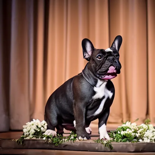 Image similar to professional stage photography of a french bulldog in an opera gown