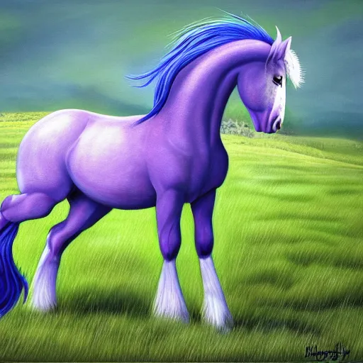 Prompt: a blue realistic pony with purple hair standing in the grass, an ultrafine detailed painting by muggur, featured on deviantart, brony art, flat shading, realistic horse, booru, horse