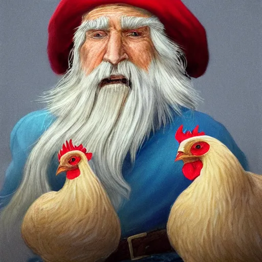 Image similar to character concept art of a kind old wizard with a long white beard looking a confused, holding a pet chicken perched top of his hat, wearing a blue robe, blue eyes, realistic, detailed, trending on ArtStation, by John Howe