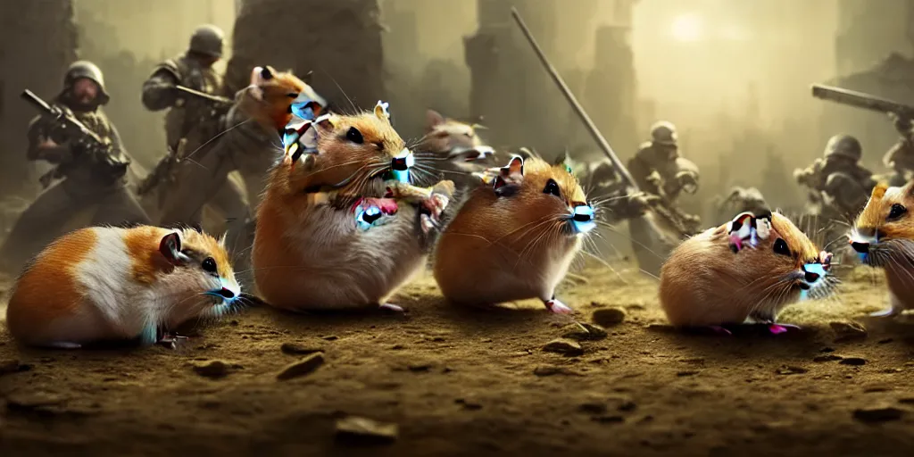 Image similar to highly detailed image of hamsters in a battle, hamsters, hamsters holding rifles, stephen bliss, unreal engine, fantasy art by greg rutkowski, global illumination, radiant light, detailed and intricate environment