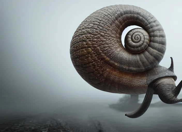 Prompt: photo of a giant snail terrorizes a foggy city. fantasy horror style. highly detailed 8 k. intricate. nikon d 8 5 0 3 0 0 mm. award winning photography.