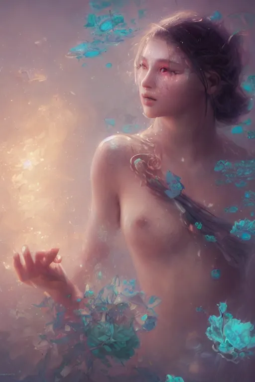 Image similar to face closeup a young beautiful girl drowned in water covered with ice crystals, 3 d render, hyper realistic detailed portrait, holding magic flowers, ruan jia, wlop. scifi, fantasy, hyper detailed, octane render, concept art, by peter mohrbacher, by wlop, by ruan jia