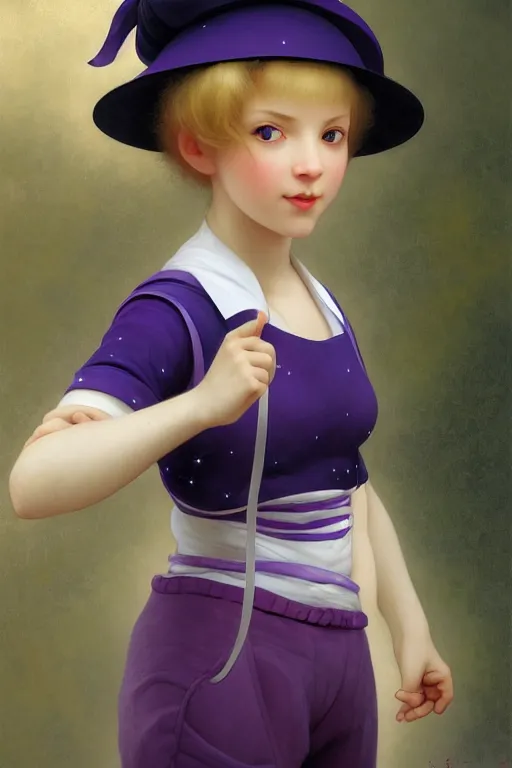 Image similar to Full View girl with short blond hair wearing an oversized purple Beret, Baggy Purple overall shorts, Short Puffy pants made of silk, silk shoes, a big billowy scarf, Golden Ribbon, and white leggings Covered in stars. Short Hair. masterpiece 4k digital illustration by Ruan Jia and Mandy Jurgens and Artgerm and william-adolphe bouguereau, award winning, Artstation, art nouveau aesthetic, Alphonse Mucha background, intricate details, realistic, panoramic view, Hyperdetailed, 8k resolution, intricate art nouveau