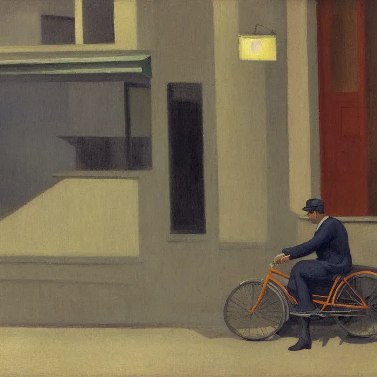 Image similar to a man with a bike resting in quiet town at foggy night, painted by Edward Hopper, oil painting