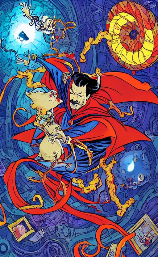 Image similar to the third first image on the scattered absurdity server, dr strange and dr seuss, very pretty, photorealistic, portal hopping and time warping with reckless abandon, by Dan Mumford