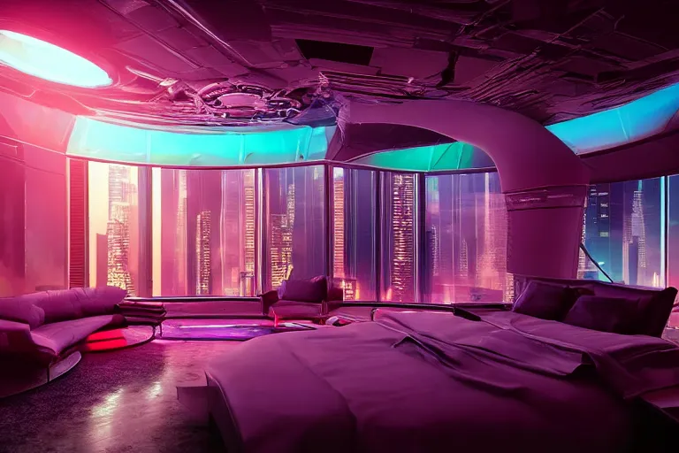 Image similar to a futuristic bedroom with large curved ceiling high windows looking out to a far future cyberpunk cityscape, cyberpunk neon lights, raining, scifi