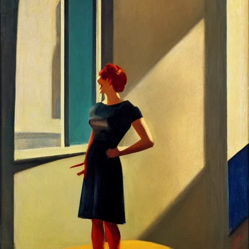 Prompt: representation of a young woman with a happy face in the year 1960 by Edward Hopper, an American realist painter