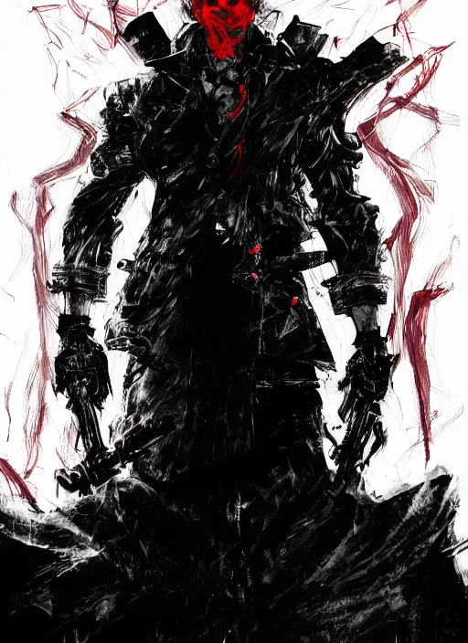 Image similar to half body portrait of an evil deity, a man in black mask and black rugged long trench coat made of smoke, red aura. in style of yoji shinkawa and hyung - tae kim, trending on artstation, dark fantasy, great composition, concept art, highly detailed, dynamic pose.