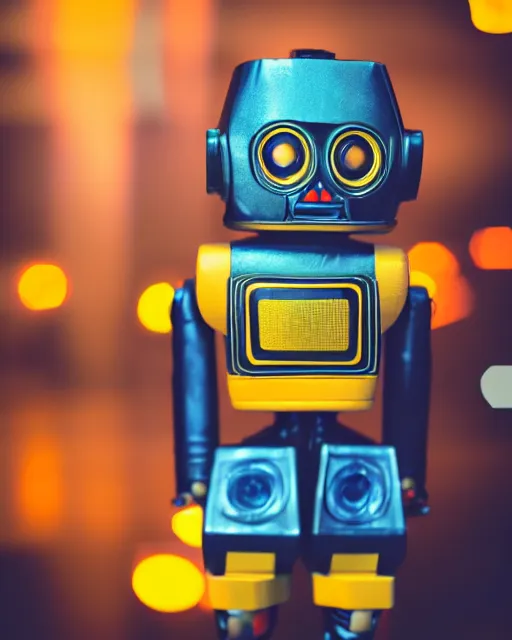 Image similar to high quality presentation photo of a retro toy robot, photography 4k, f1.8 anamorphic, bokeh, 4k, Canon, Nikon