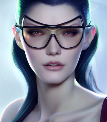 Prompt: beautiful medium shot portrait of a gorgeous model with hour glass figure who looks like Bayonetta, character design by charlie bowater, ross tran, artgerm, and makoto shinkai, detailed, soft lighting, rendered in octane