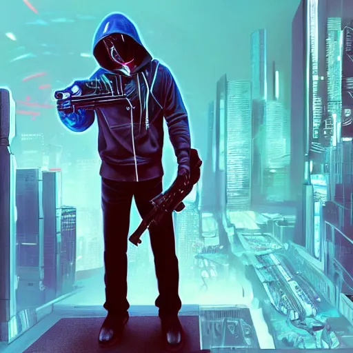 Prompt: Cyberpunk Gangster wearing a hoody wielding a futuristic AK-47,