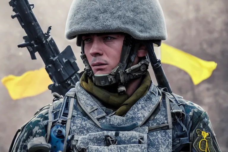 Image similar to promotional image of <Ukrainian fully equiped soldier with blue and yellow flag> as <Professional soldiers> in the new movie directed by <Tetsuya Nomura>, <fully equiped professional soldiers>, detailed face, movie still frame, promotional image, imax 70 mm footage