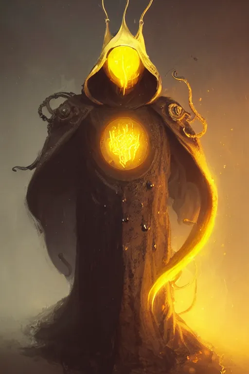 Image similar to A full body portrait of a mysterious character with no face with a very long hooded yellow cloak, a golden crown floating above his head tentacles coming out the ground art by Maciej Kuciara and Jason Chan, ominous, cosmic horror, trending on artstation, Ultra detailed, hyper realistic 4k