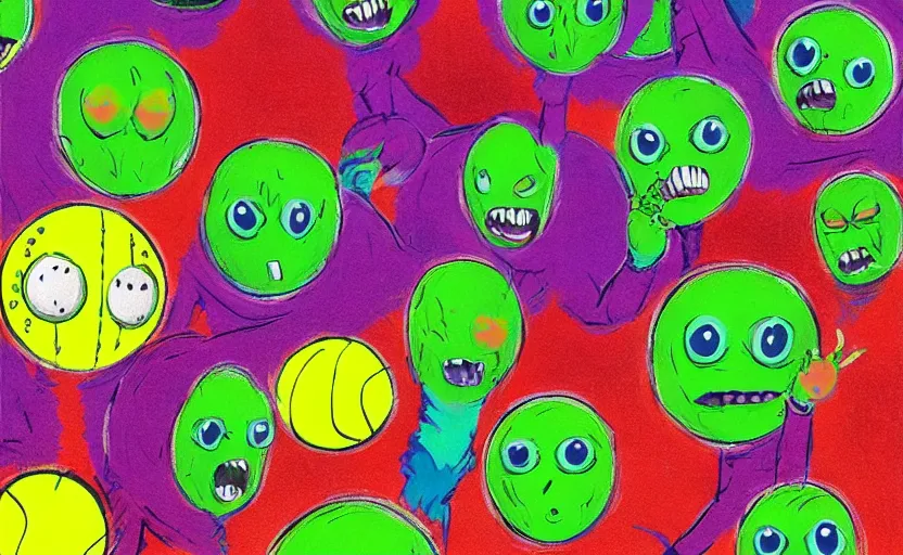 Prompt: an army of differnt tennis ball monsters, colorful, digital art, fantasy, magic, chalk, trending on artstation, ultra detailed, professional illustration by basil gogos